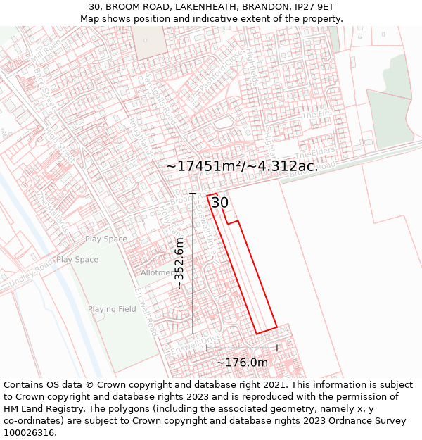 30, BROOM ROAD, LAKENHEATH, BRANDON, IP27 9ET: Plot and title map