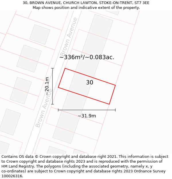 30, BROWN AVENUE, CHURCH LAWTON, STOKE-ON-TRENT, ST7 3EE: Plot and title map