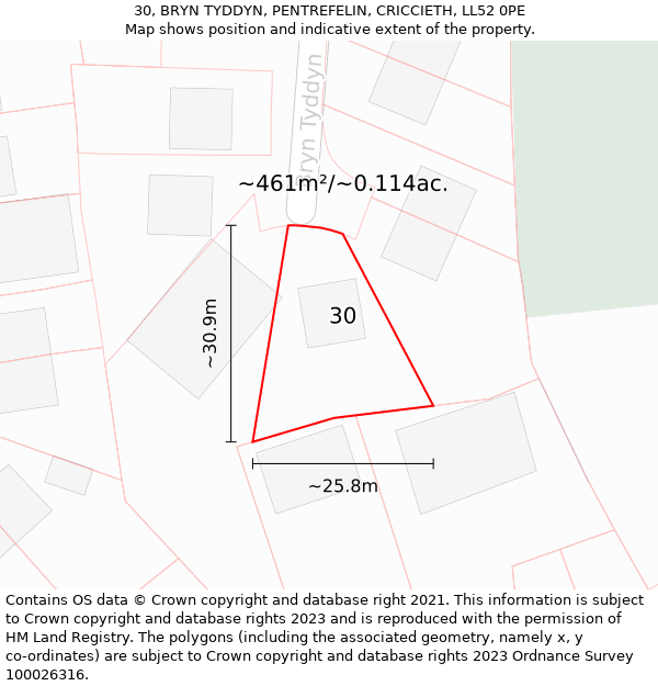 30, BRYN TYDDYN, PENTREFELIN, CRICCIETH, LL52 0PE: Plot and title map