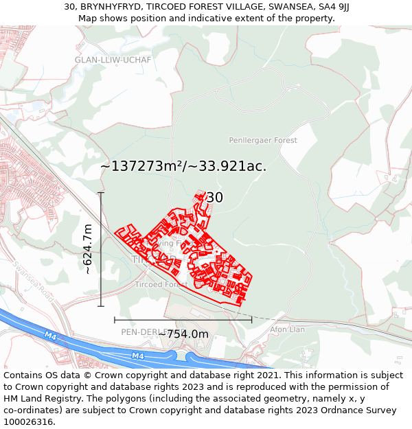 30, BRYNHYFRYD, TIRCOED FOREST VILLAGE, SWANSEA, SA4 9JJ: Plot and title map