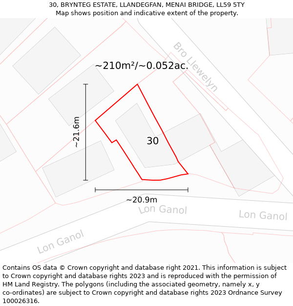 30, BRYNTEG ESTATE, LLANDEGFAN, MENAI BRIDGE, LL59 5TY: Plot and title map