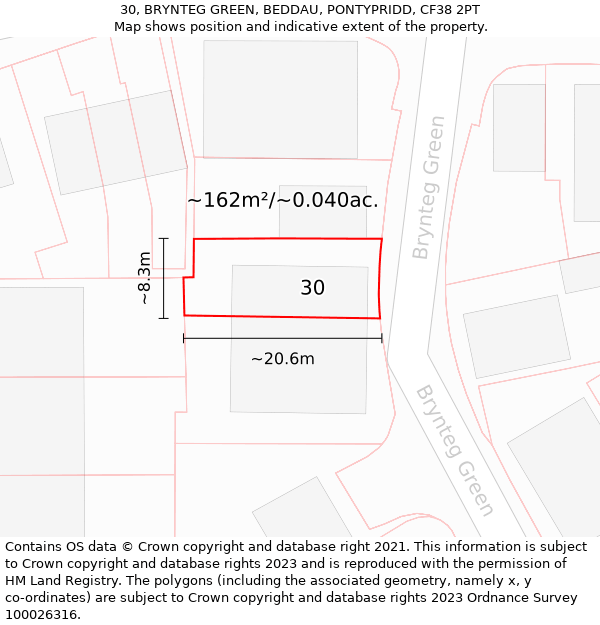 30, BRYNTEG GREEN, BEDDAU, PONTYPRIDD, CF38 2PT: Plot and title map