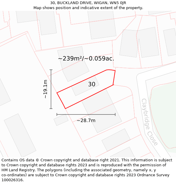 30, BUCKLAND DRIVE, WIGAN, WN5 0JR: Plot and title map