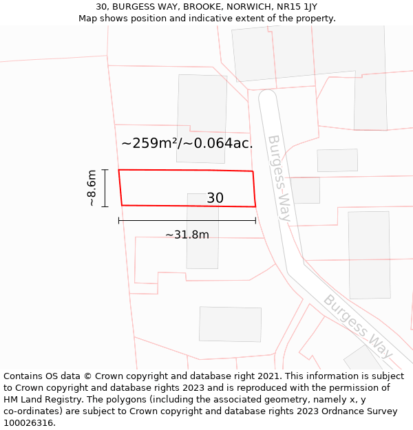 30, BURGESS WAY, BROOKE, NORWICH, NR15 1JY: Plot and title map