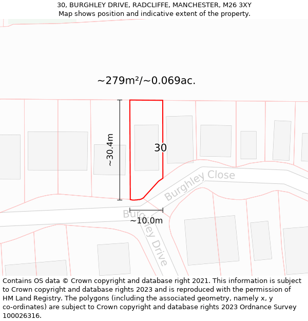 30, BURGHLEY DRIVE, RADCLIFFE, MANCHESTER, M26 3XY: Plot and title map