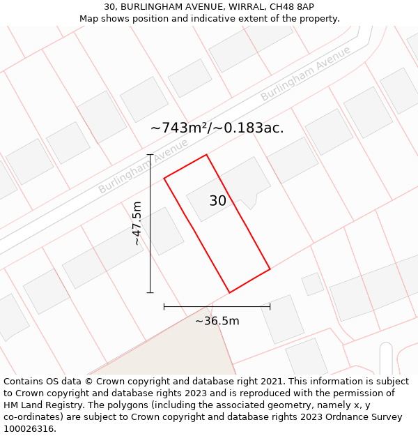 30, BURLINGHAM AVENUE, WIRRAL, CH48 8AP: Plot and title map