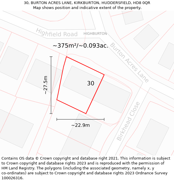 30, BURTON ACRES LANE, KIRKBURTON, HUDDERSFIELD, HD8 0QR: Plot and title map