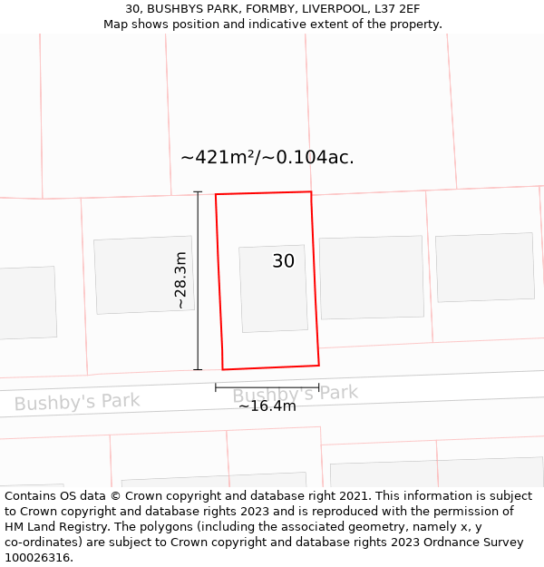 30, BUSHBYS PARK, FORMBY, LIVERPOOL, L37 2EF: Plot and title map