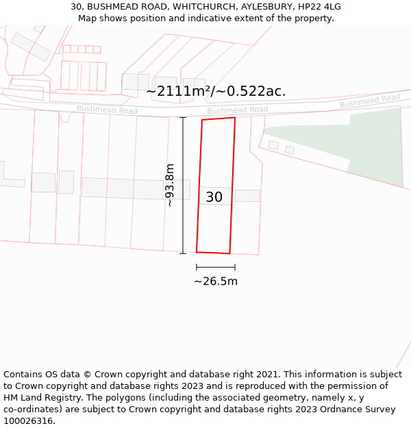 30, BUSHMEAD ROAD, WHITCHURCH, AYLESBURY, HP22 4LG: Plot and title map