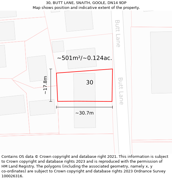 30, BUTT LANE, SNAITH, GOOLE, DN14 9DP: Plot and title map