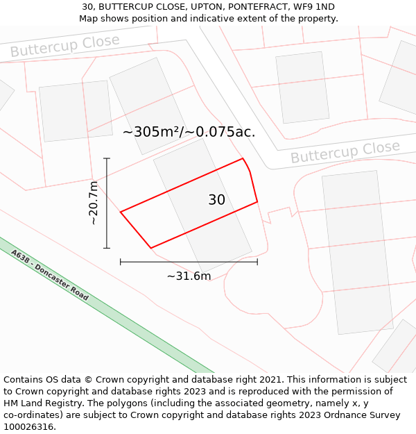 30, BUTTERCUP CLOSE, UPTON, PONTEFRACT, WF9 1ND: Plot and title map