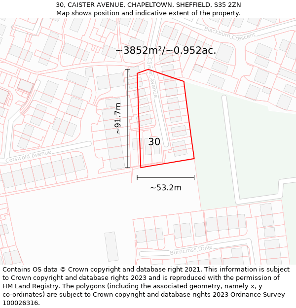 30, CAISTER AVENUE, CHAPELTOWN, SHEFFIELD, S35 2ZN: Plot and title map