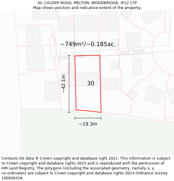 30, CALDER ROAD, MELTON, WOODBRIDGE, IP12 1TP: Plot and title map