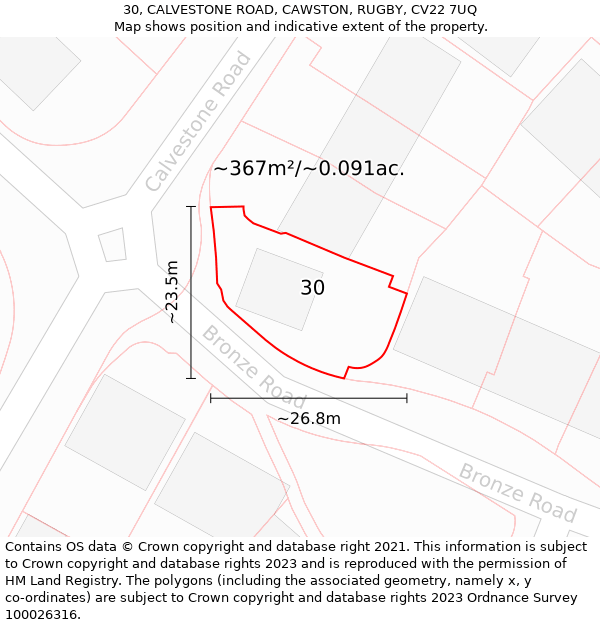 30, CALVESTONE ROAD, CAWSTON, RUGBY, CV22 7UQ: Plot and title map