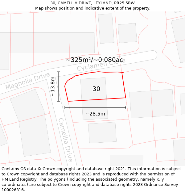 30, CAMELLIA DRIVE, LEYLAND, PR25 5RW: Plot and title map