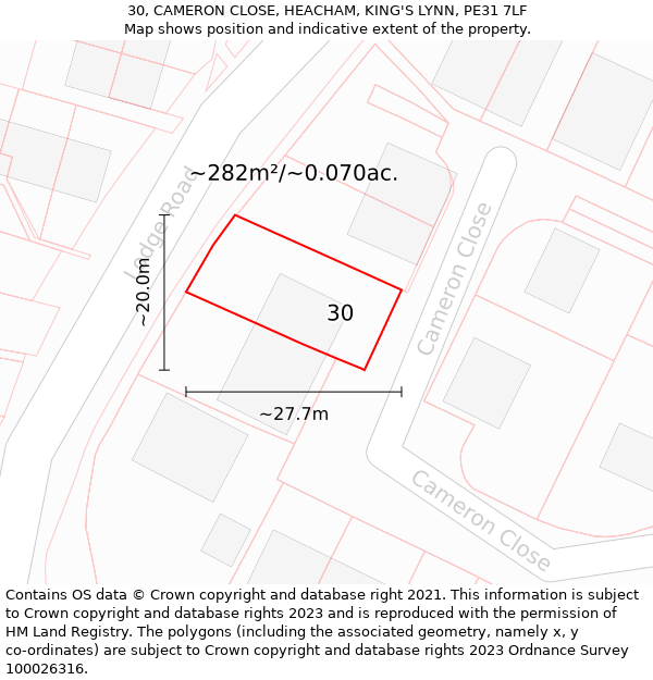 30, CAMERON CLOSE, HEACHAM, KING'S LYNN, PE31 7LF: Plot and title map