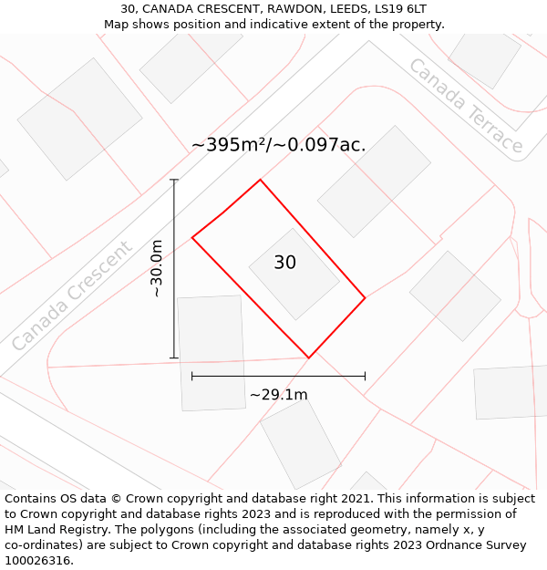 30, CANADA CRESCENT, RAWDON, LEEDS, LS19 6LT: Plot and title map