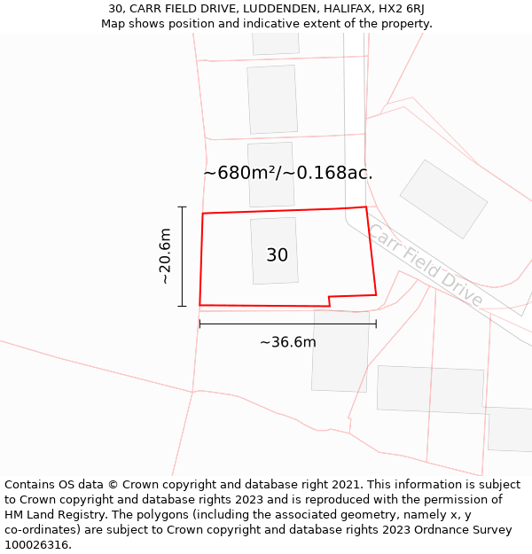 30, CARR FIELD DRIVE, LUDDENDEN, HALIFAX, HX2 6RJ: Plot and title map