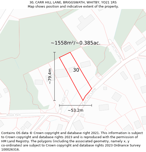 30, CARR HILL LANE, BRIGGSWATH, WHITBY, YO21 1RS: Plot and title map