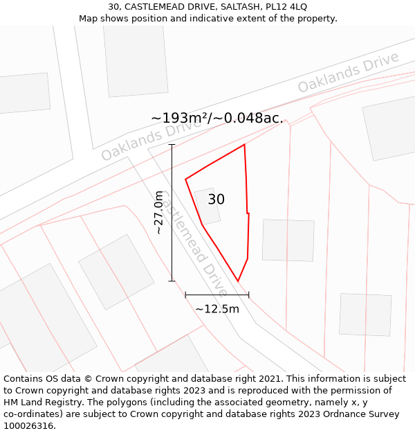 30, CASTLEMEAD DRIVE, SALTASH, PL12 4LQ: Plot and title map