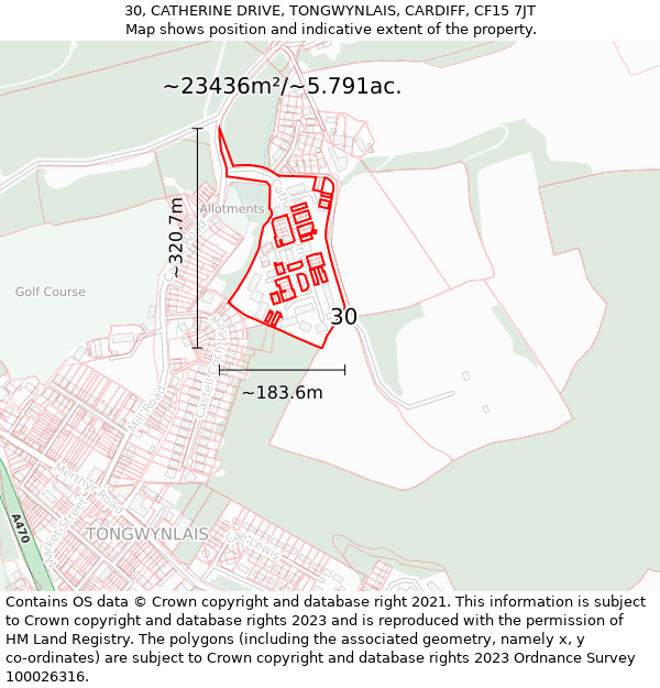 30, CATHERINE DRIVE, TONGWYNLAIS, CARDIFF, CF15 7JT: Plot and title map