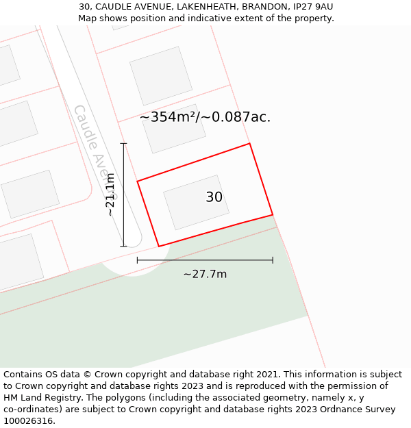 30, CAUDLE AVENUE, LAKENHEATH, BRANDON, IP27 9AU: Plot and title map