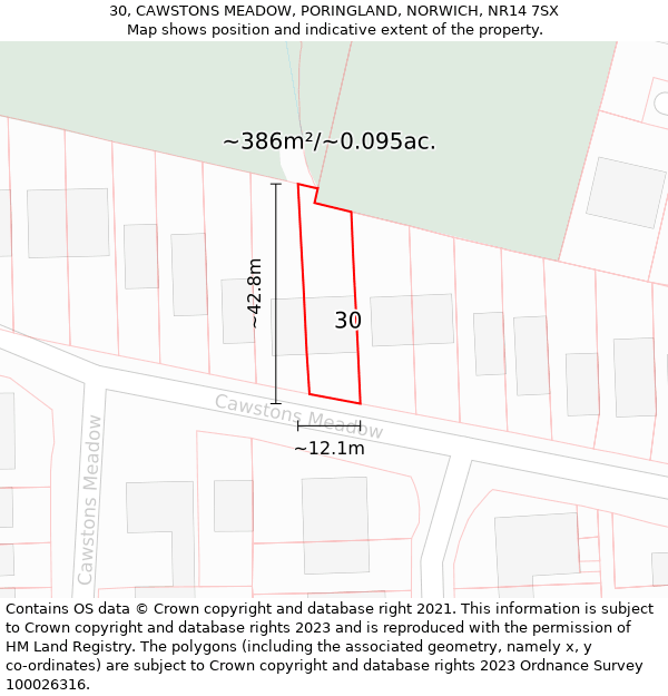 30, CAWSTONS MEADOW, PORINGLAND, NORWICH, NR14 7SX: Plot and title map