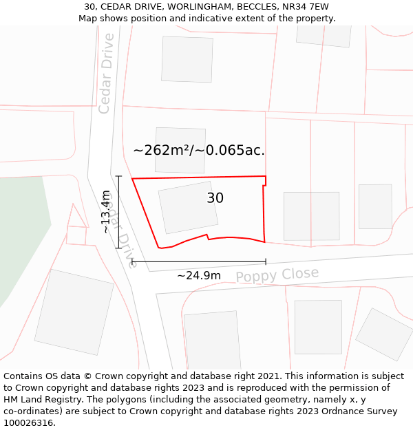 30, CEDAR DRIVE, WORLINGHAM, BECCLES, NR34 7EW: Plot and title map