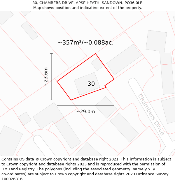 30, CHAMBERS DRIVE, APSE HEATH, SANDOWN, PO36 0LR: Plot and title map