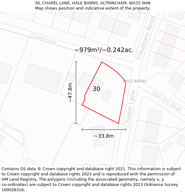 30, CHAPEL LANE, HALE BARNS, ALTRINCHAM, WA15 0HN: Plot and title map