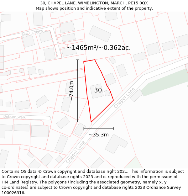 30, CHAPEL LANE, WIMBLINGTON, MARCH, PE15 0QX: Plot and title map