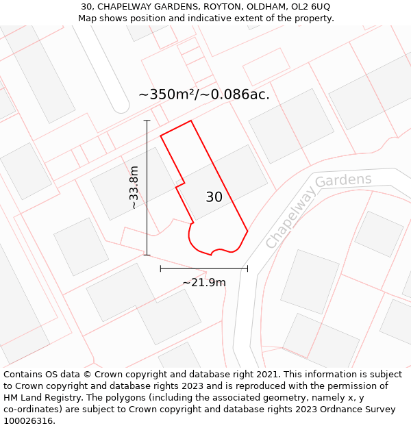 30, CHAPELWAY GARDENS, ROYTON, OLDHAM, OL2 6UQ: Plot and title map