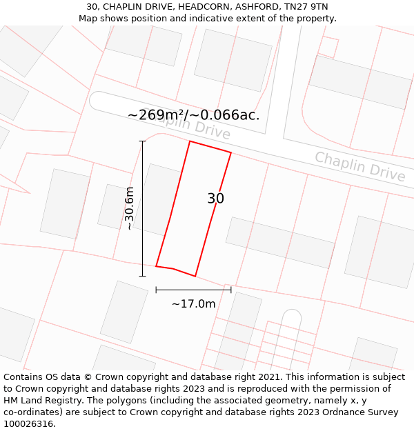 30, CHAPLIN DRIVE, HEADCORN, ASHFORD, TN27 9TN: Plot and title map