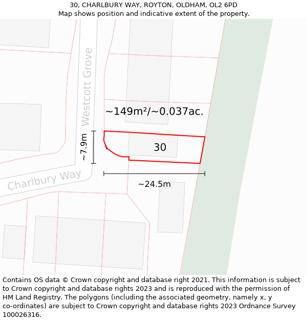 30, CHARLBURY WAY, ROYTON, OLDHAM, OL2 6PD: Plot and title map