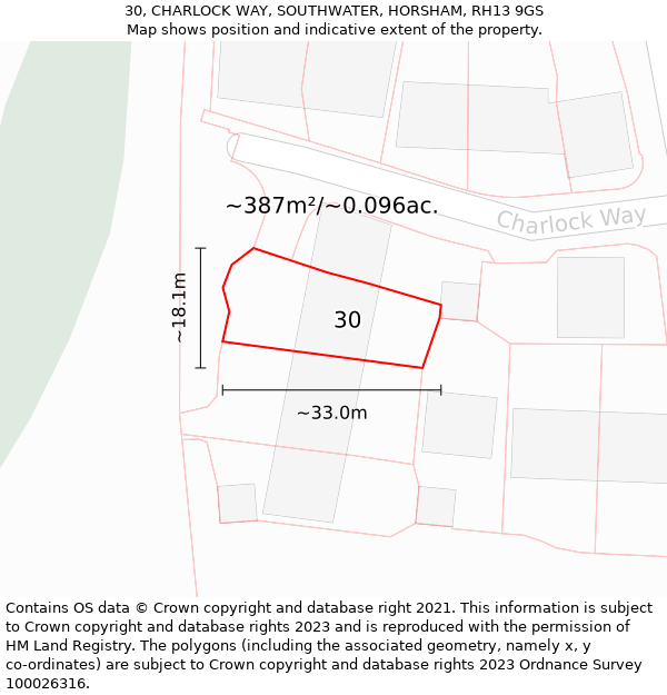 30, CHARLOCK WAY, SOUTHWATER, HORSHAM, RH13 9GS: Plot and title map