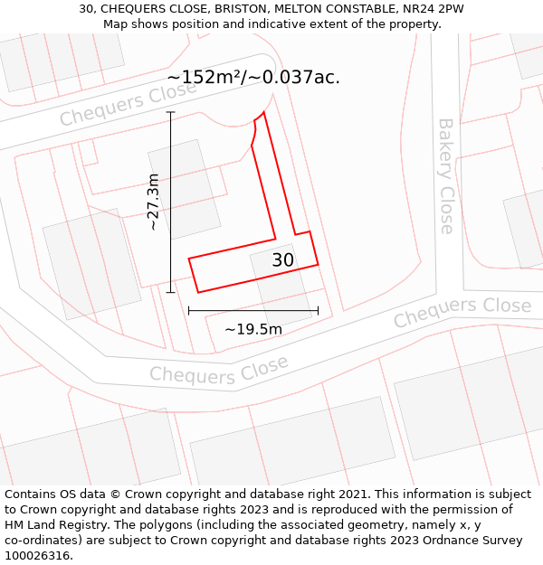 30, CHEQUERS CLOSE, BRISTON, MELTON CONSTABLE, NR24 2PW: Plot and title map