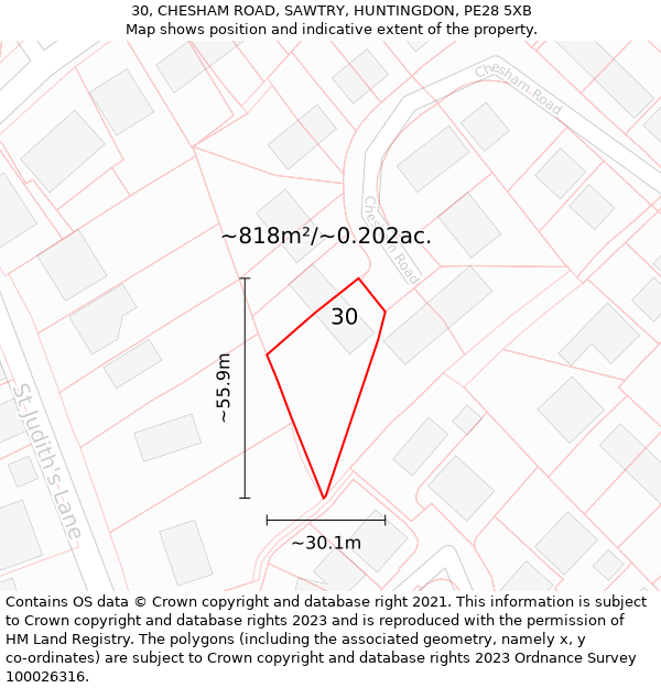 30, CHESHAM ROAD, SAWTRY, HUNTINGDON, PE28 5XB: Plot and title map