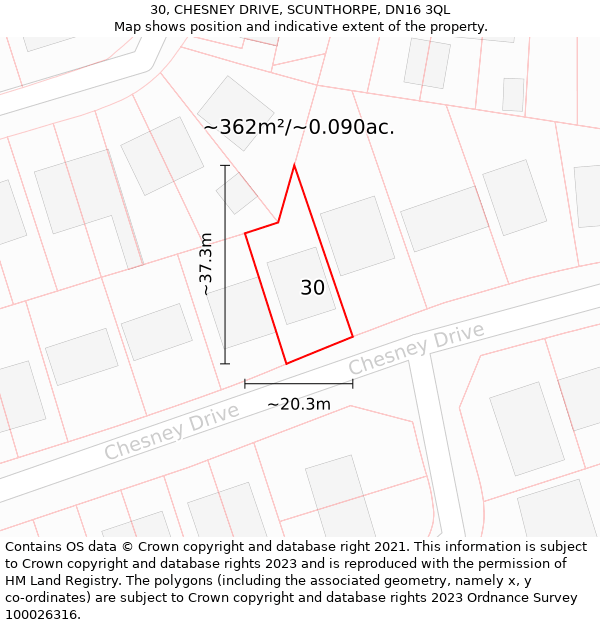 30, CHESNEY DRIVE, SCUNTHORPE, DN16 3QL: Plot and title map