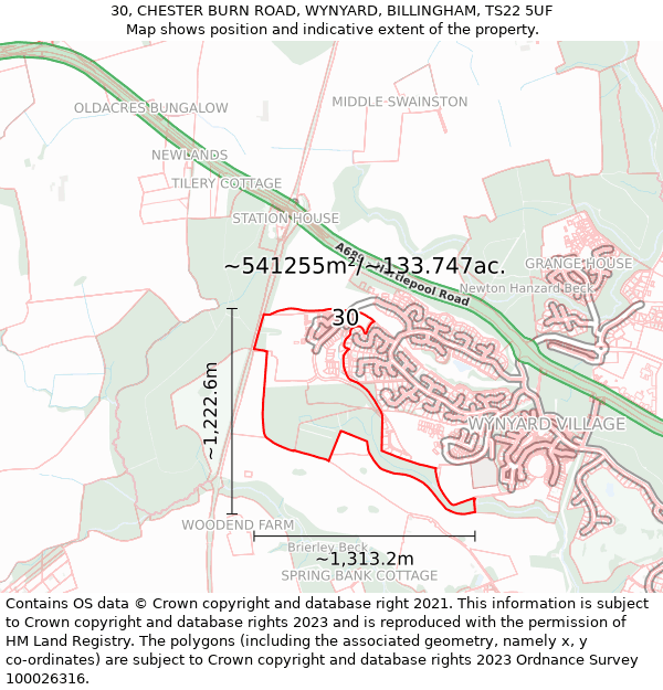 30, CHESTER BURN ROAD, WYNYARD, BILLINGHAM, TS22 5UF: Plot and title map