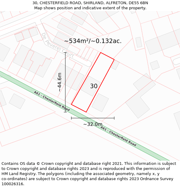 30, CHESTERFIELD ROAD, SHIRLAND, ALFRETON, DE55 6BN: Plot and title map