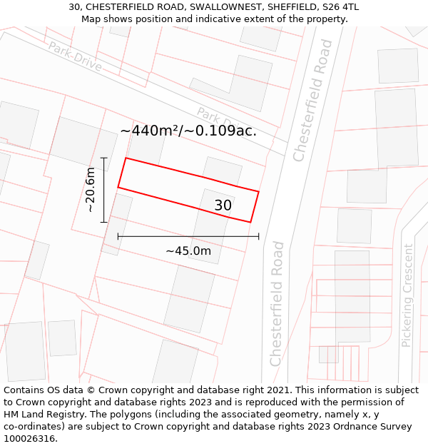 30, CHESTERFIELD ROAD, SWALLOWNEST, SHEFFIELD, S26 4TL: Plot and title map