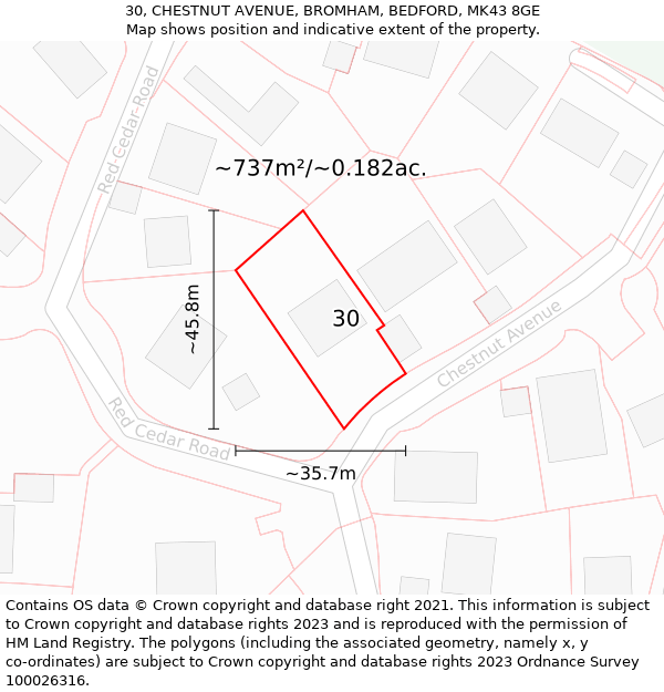 30, CHESTNUT AVENUE, BROMHAM, BEDFORD, MK43 8GE: Plot and title map