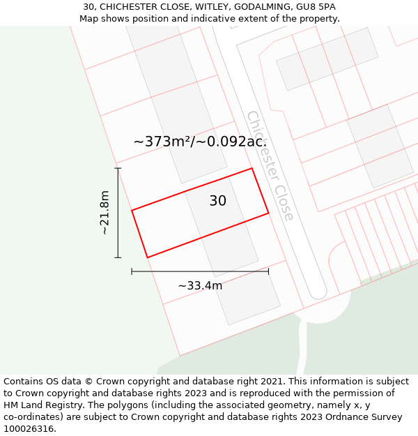 30, CHICHESTER CLOSE, WITLEY, GODALMING, GU8 5PA: Plot and title map