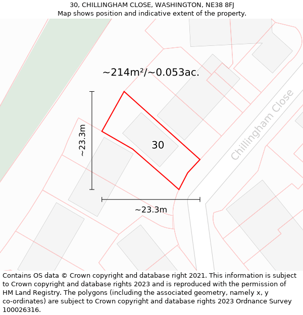 30, CHILLINGHAM CLOSE, WASHINGTON, NE38 8FJ: Plot and title map