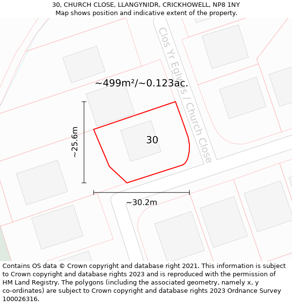 30, CHURCH CLOSE, LLANGYNIDR, CRICKHOWELL, NP8 1NY: Plot and title map