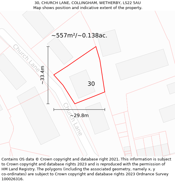 30, CHURCH LANE, COLLINGHAM, WETHERBY, LS22 5AU: Plot and title map