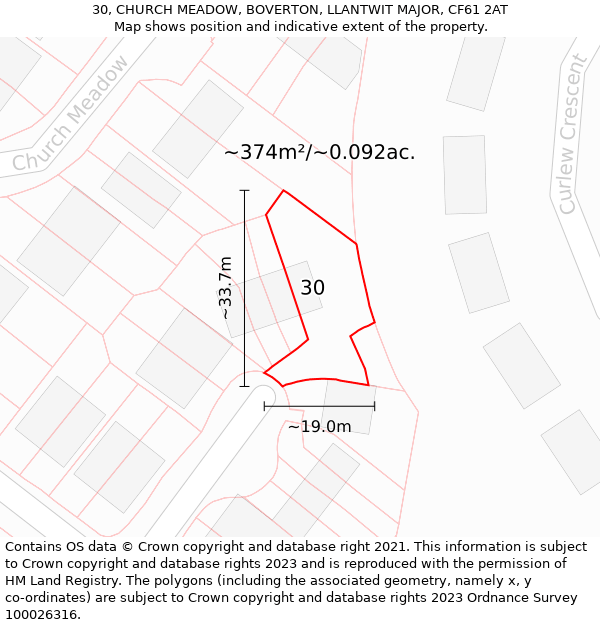 30, CHURCH MEADOW, BOVERTON, LLANTWIT MAJOR, CF61 2AT: Plot and title map