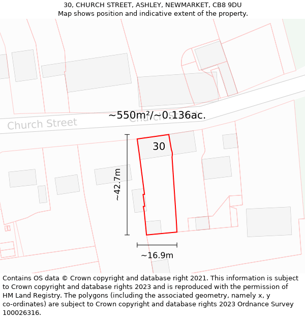 30, CHURCH STREET, ASHLEY, NEWMARKET, CB8 9DU: Plot and title map