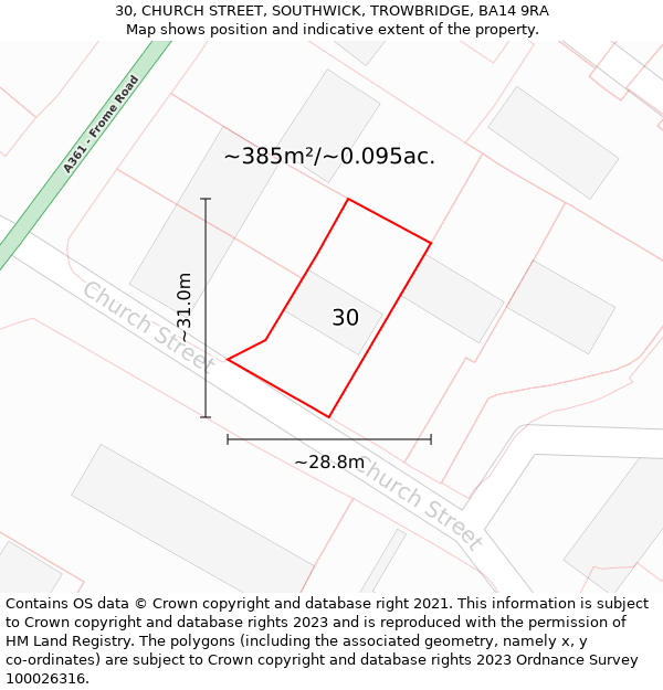 30, CHURCH STREET, SOUTHWICK, TROWBRIDGE, BA14 9RA: Plot and title map