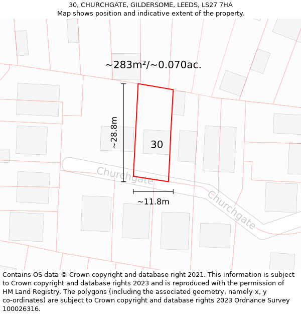 30, CHURCHGATE, GILDERSOME, LEEDS, LS27 7HA: Plot and title map